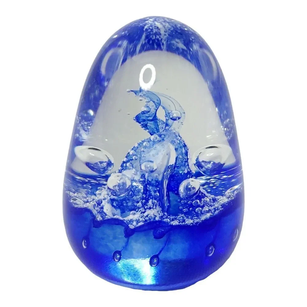 Vingate Glass Cobalt Blue Bubbles and Swirls Blown Glass‎ Paperweight Signed 3
